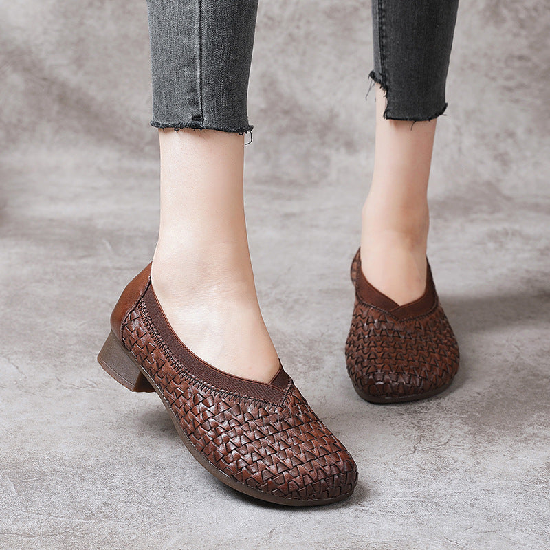 Retro Chunky Heel Soft Sole Woven Handmade Slip-Ons