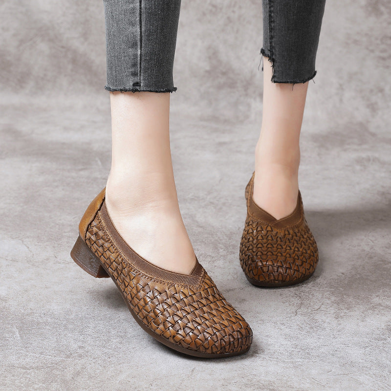 Retro Chunky Heel Soft Sole Woven Handmade Slip-Ons