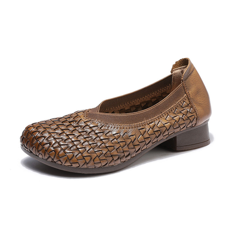 Retro Chunky Heel Soft Sole Woven Handmade Slip-Ons