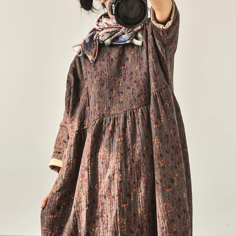 Retro Floral Printed Ruffled Cotton Linen Dresses