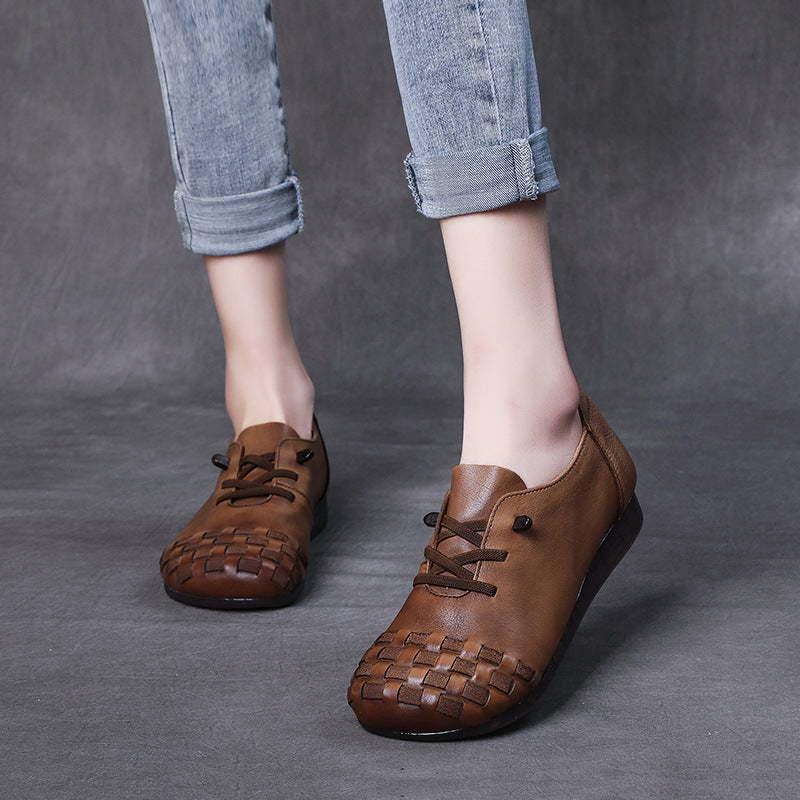 Retro Lace-Up Woven Handmade Leather Slip-Ons