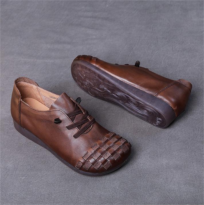 Retro Lace-Up Woven Handmade Leather Slip-Ons