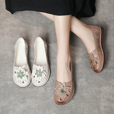 Soft Soled Flower Hollow Slip-Ons Leather Shoes for Women