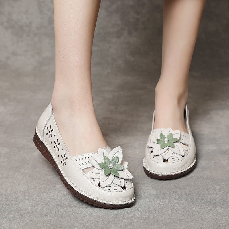 Soft Soled Flower Hollow Slip-Ons Leather Shoes for Women