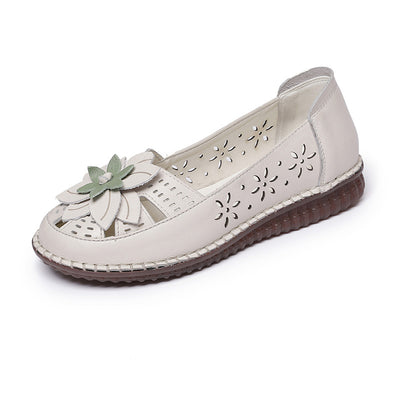 Soft Soled Flower Hollow Slip-Ons Leather Shoes for Women