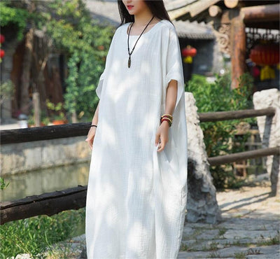 Solid Color Dolman Sleeves Cotton Linen Maxi Dresses