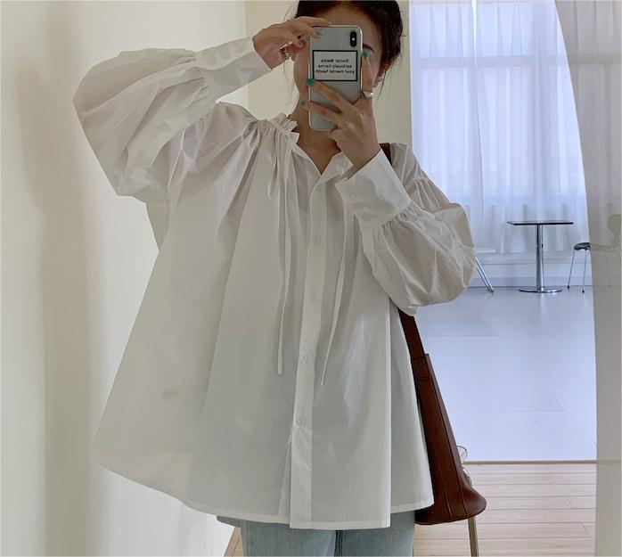 Solid Gathered Back Ruffled Loose Linen Shirt