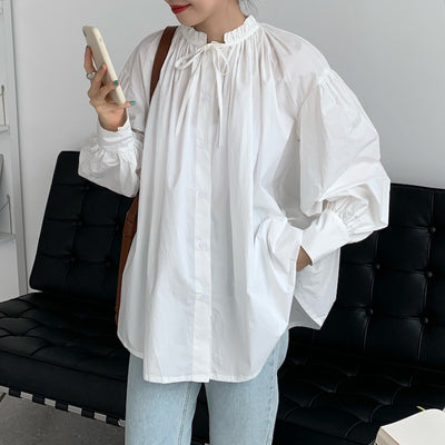 Solid Gathered Back Ruffled Loose Linen Shirt