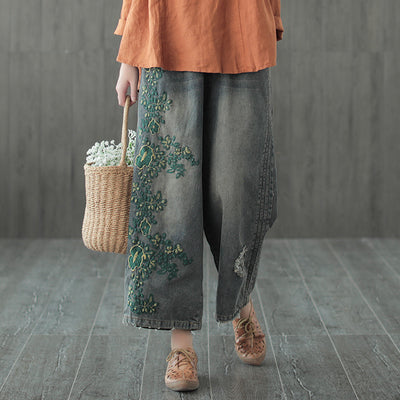 Women Summer Denim Embroidery Denim Pants