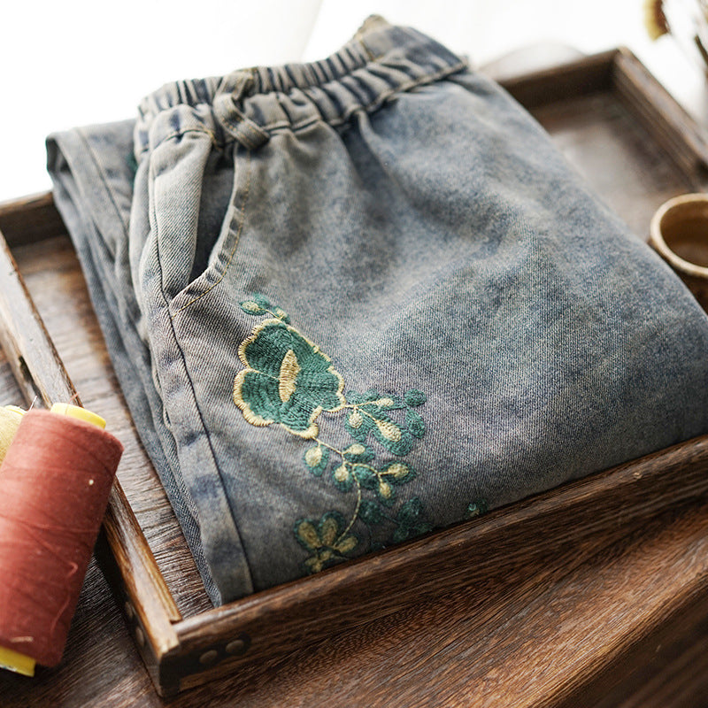 Women Summer Denim Embroidery Denim Pants