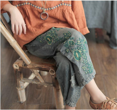 Women Summer Denim Embroidery Denim Pants