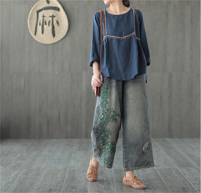 Women Summer Denim Embroidery Denim Pants