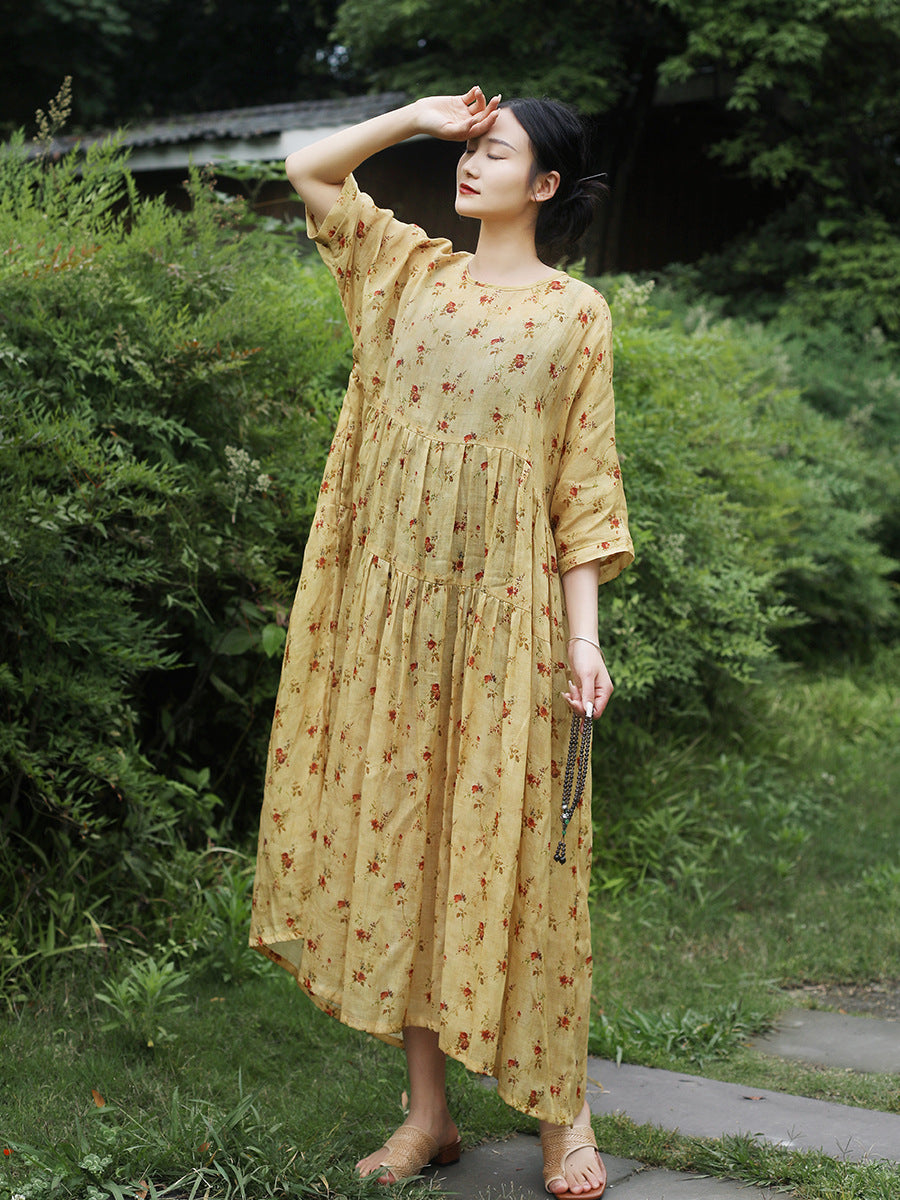 Summer Linen Floral Printed Dress