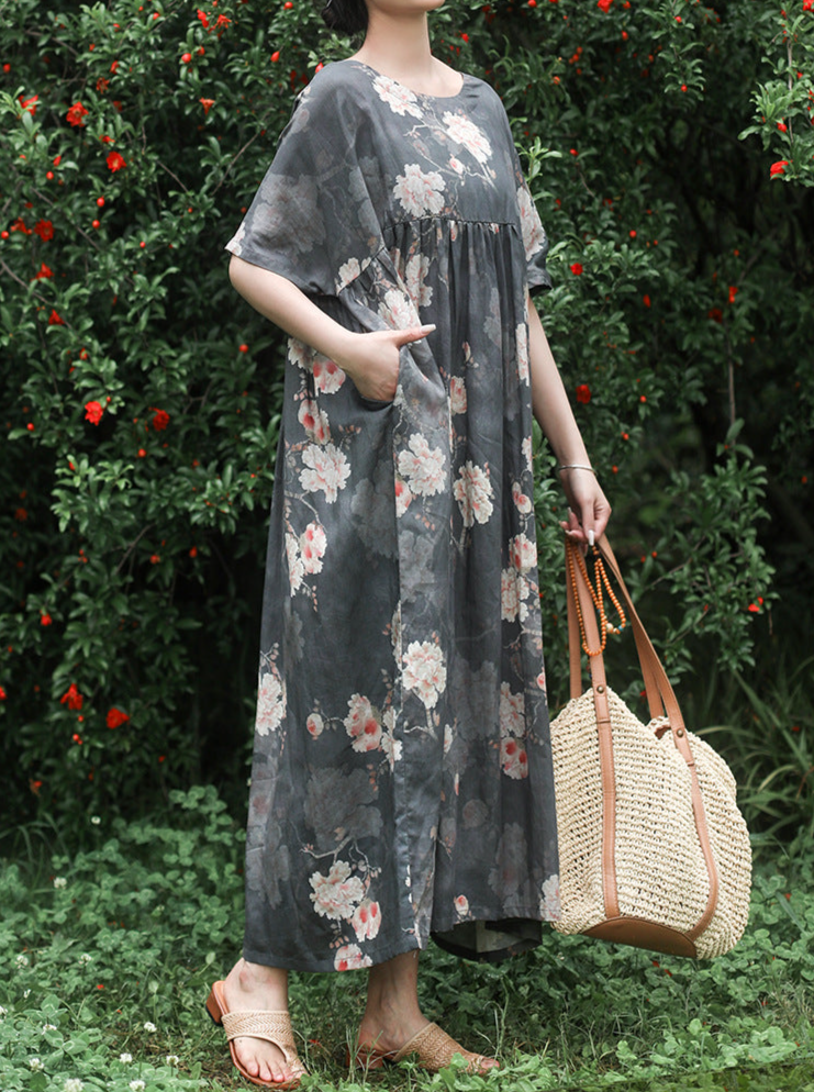 Summer Retro Linen Floral Printed Dress