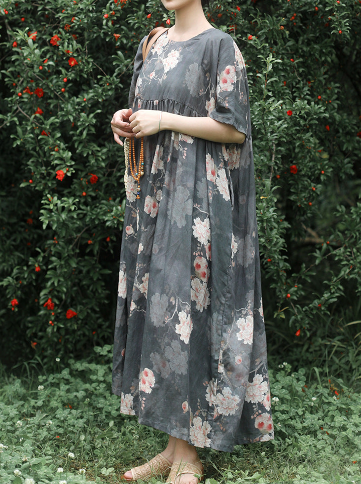 Summer Retro Linen Floral Printed Dress