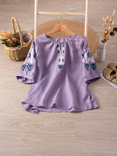 Women Summer Short Sleeve Linen Embroidery Shirt