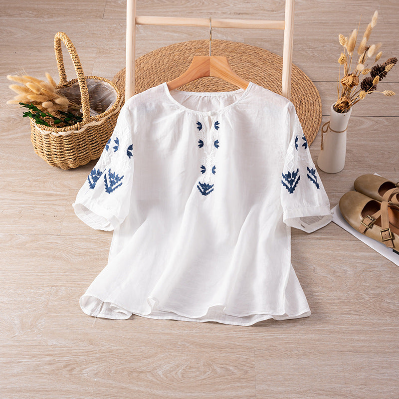 Women Summer Short Sleeve Linen Embroidery Shirt