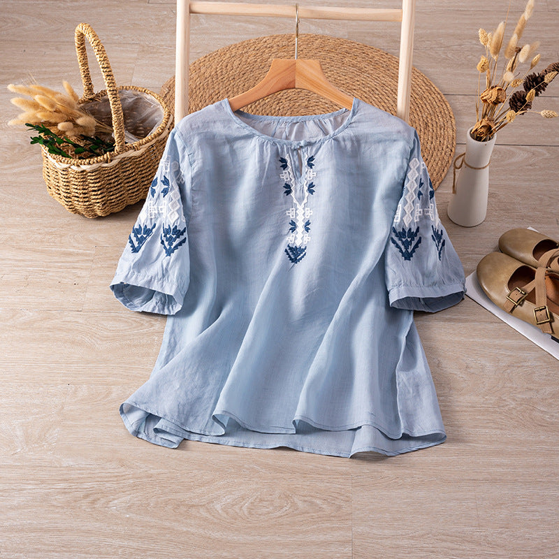 Women Summer Short Sleeve Linen Embroidery Shirt