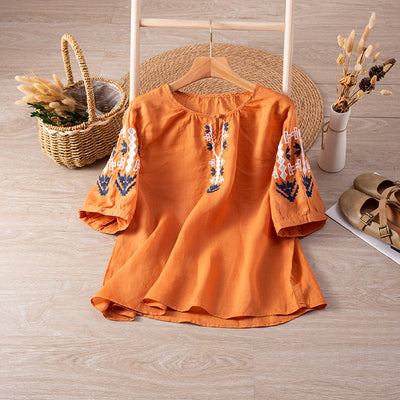 Women Summer Short Sleeve Linen Embroidery Shirt