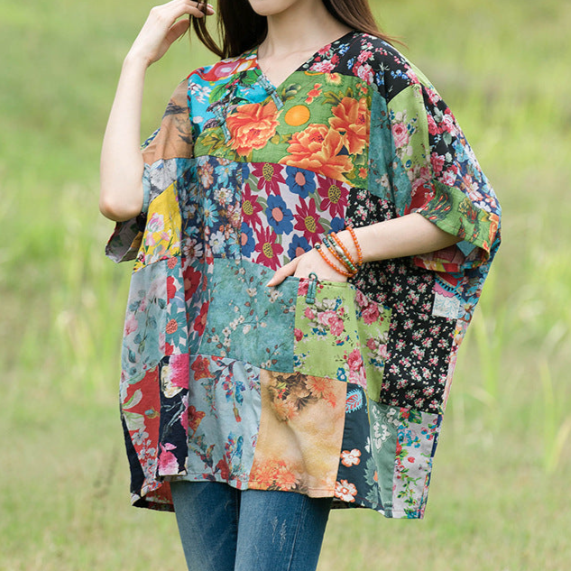 Women Summer Floral Printed Cotton Linen T-shirt