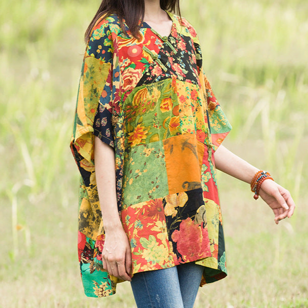 Women Summer Floral Printed Cotton Linen T-shirt