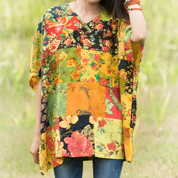 Women Summer Floral Printed Cotton Linen T-shirt