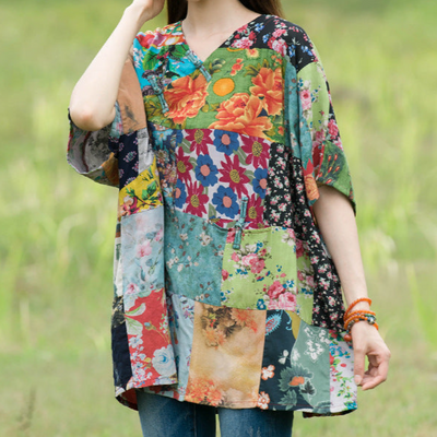 Women Summer Floral Printed Cotton Linen T-shirt