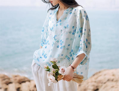 Summer Loose Floral Puff Sleeve Ramie T-shirt