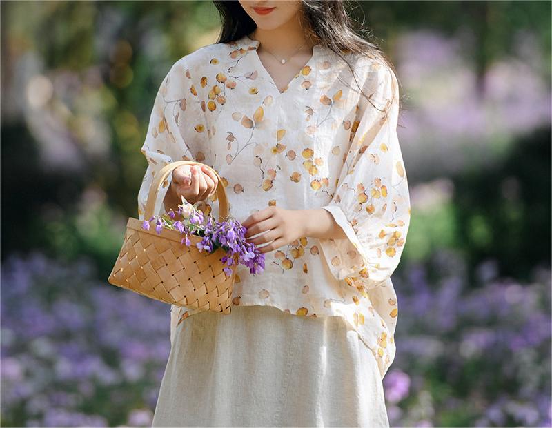 Summer Loose Floral Puff Sleeve Ramie T-shirt