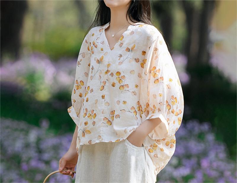 Summer Loose Floral Puff Sleeve Ramie T-shirt