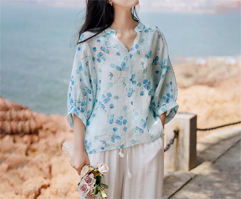 Summer Loose Floral Puff Sleeve Ramie T-shirt