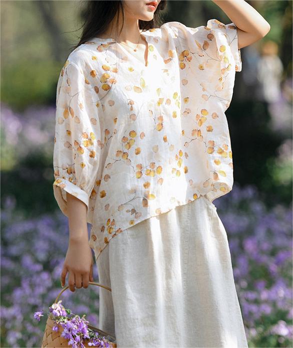 Summer Loose Floral Puff Sleeve Ramie T-shirt