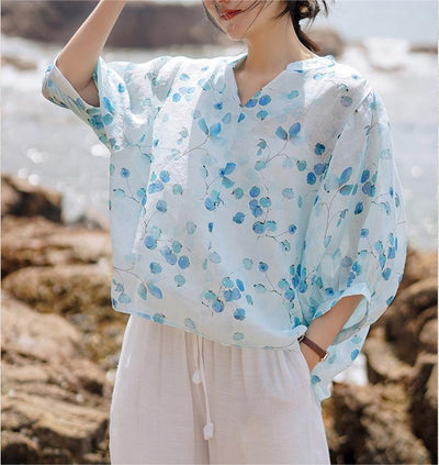 Summer Loose Floral Puff Sleeve Ramie T-shirt