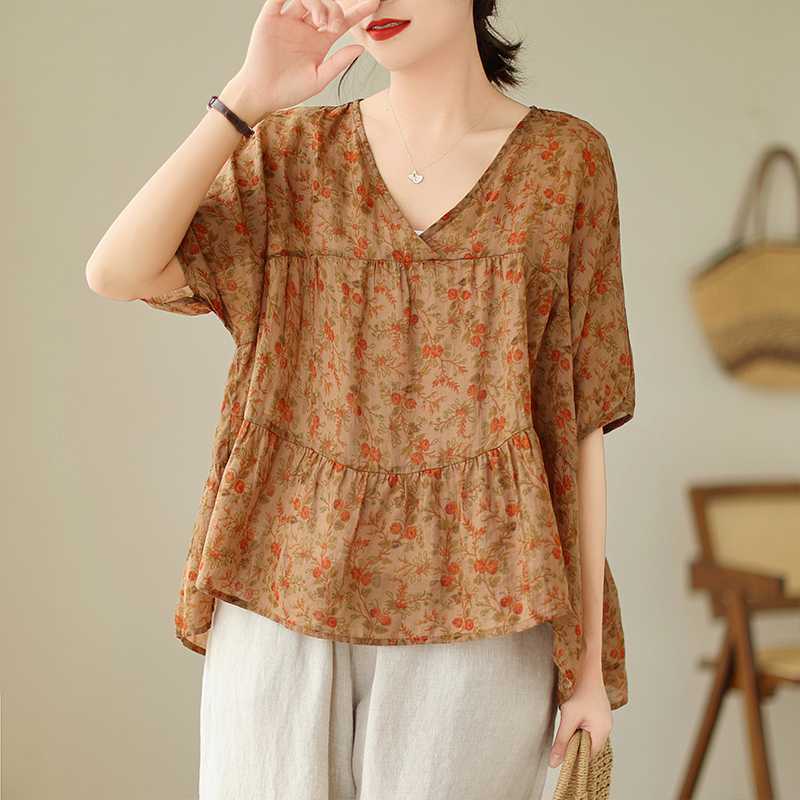 Summer Printed Ruffled V-neck Linen Blouses