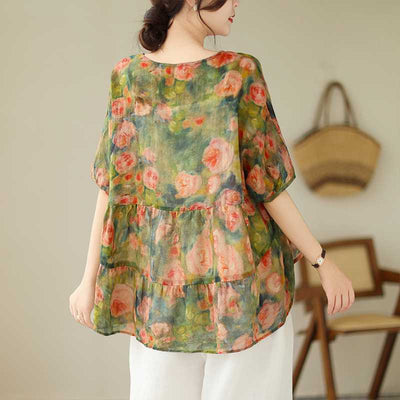 Summer Printed Ruffled V-neck Linen Blouses