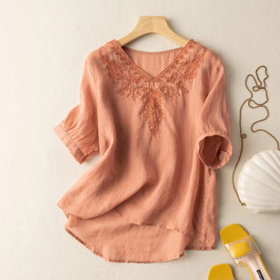 Summer V- Neck Embroidered Cotton Linen Blouse for Women