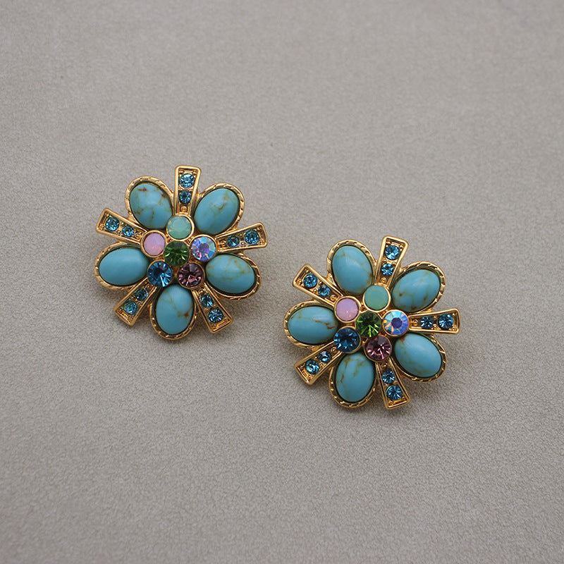 Vintage Gemstone Turquoise Flower Earrings