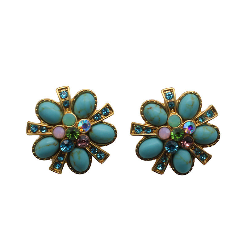 Vintage Gemstone Turquoise Flower Earrings