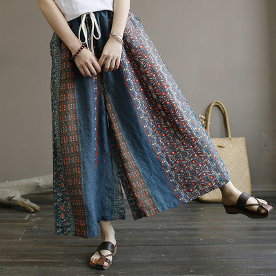 Vintage Printed Elastic Waist Loose Wide Leg Ramie Pants