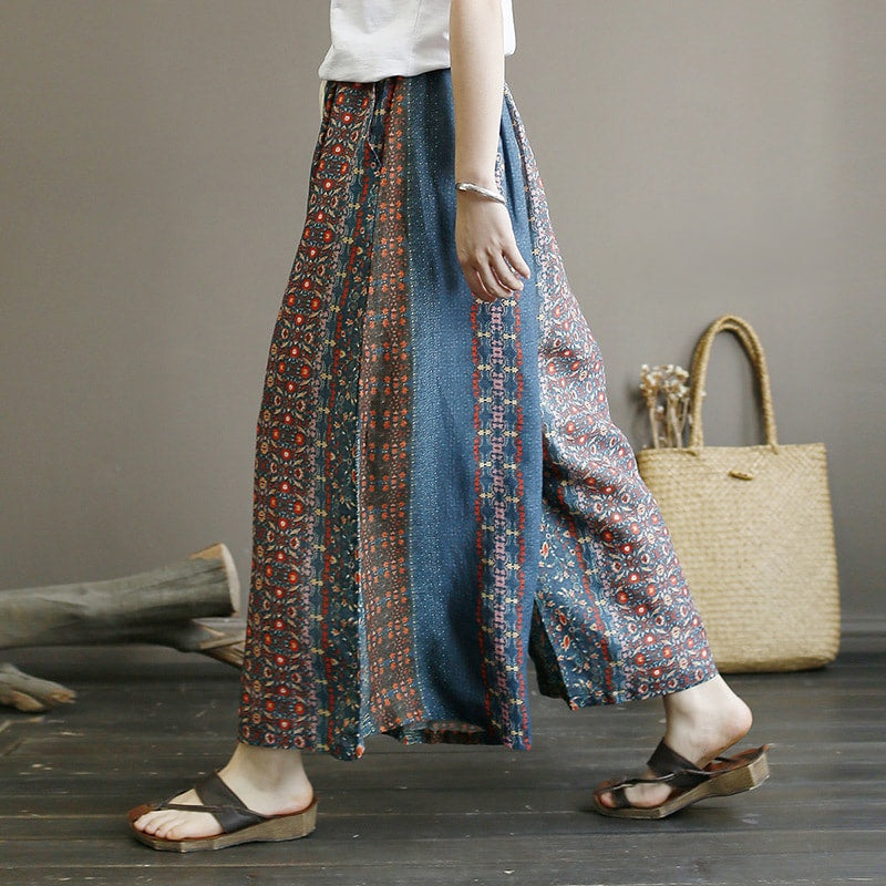 Vintage Printed Elastic Waist Loose Wide Leg Ramie Pants