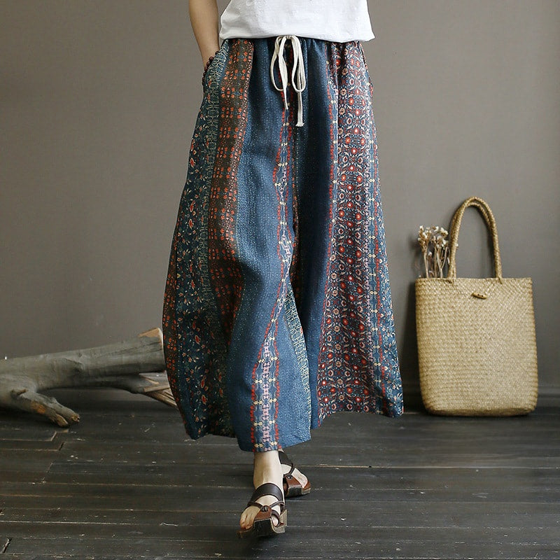 Vintage Printed Elastic Waist Loose Wide Leg Ramie Pants