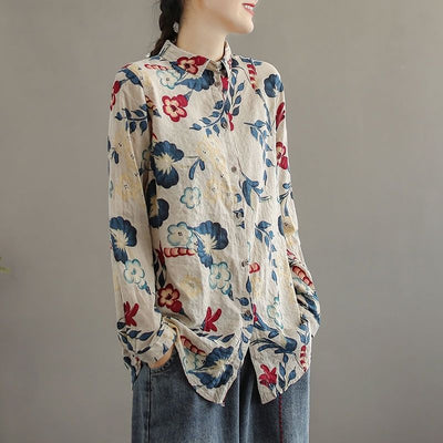 Vintage Printed Long Sleeve Linen Shirts