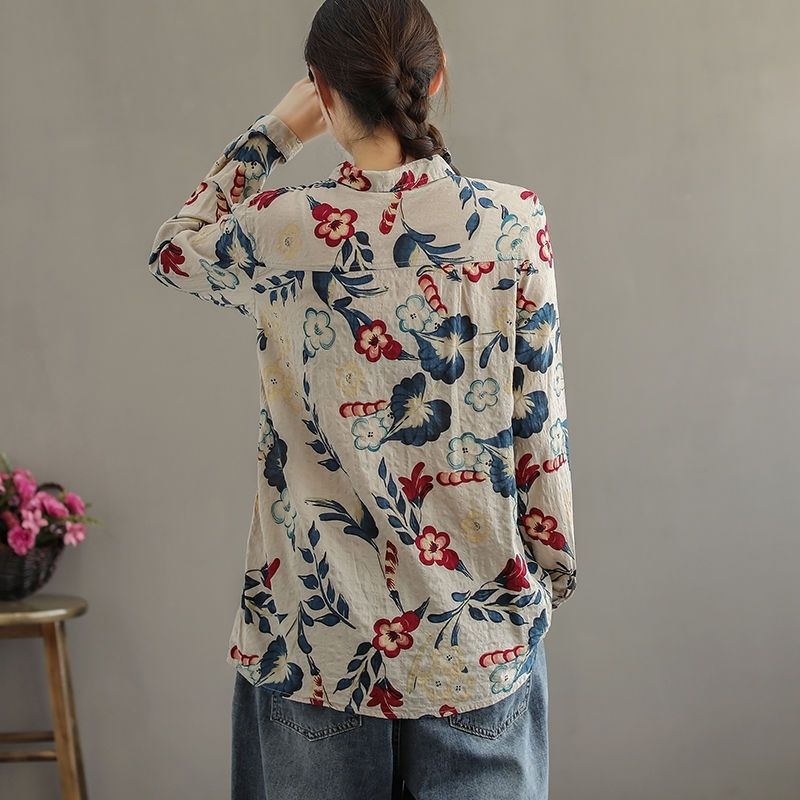 Vintage Printed Long Sleeve Linen Shirts