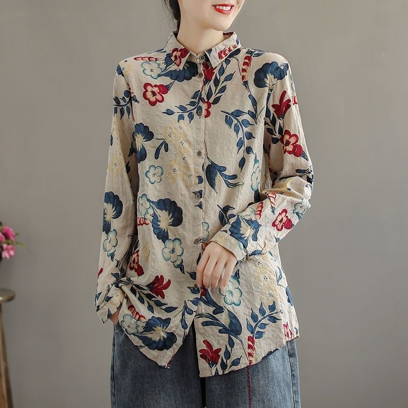 Vintage Printed Long Sleeve Linen Shirts