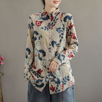 Vintage Printed Long Sleeve Linen Shirts