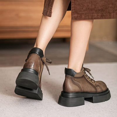 Women Autumn Leather Retro Platform Ankle Boots