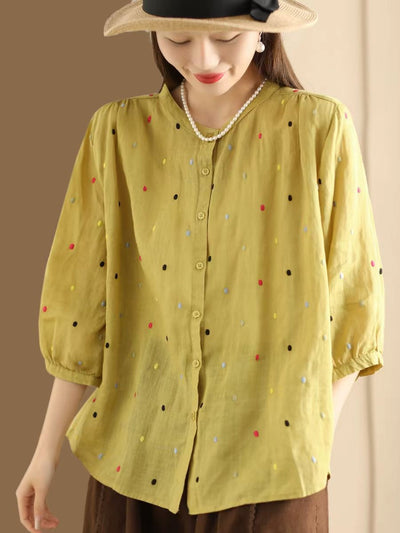 Women Casual Embroidered Polka Dot Ramie Shirt