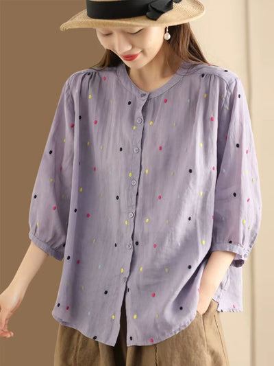 Women Casual Embroidered Polka Dot Ramie Shirt