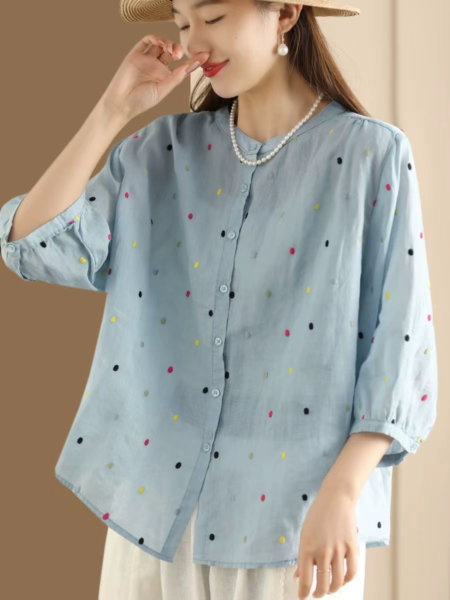 Women Casual Embroidered Polka Dot Ramie Shirt