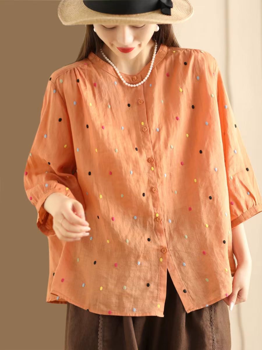 Women Casual Embroidered Polka Dot Ramie Shirt